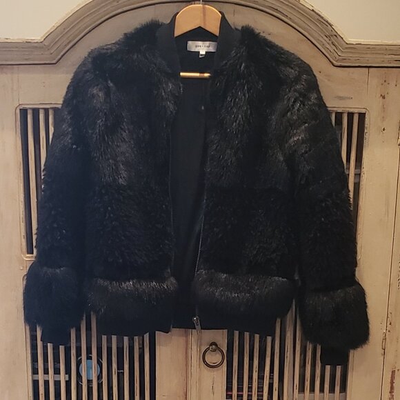 John + Jenn Black Faux Fur Bomber Jacket Mixed Texture Small - Picture 4 of 11